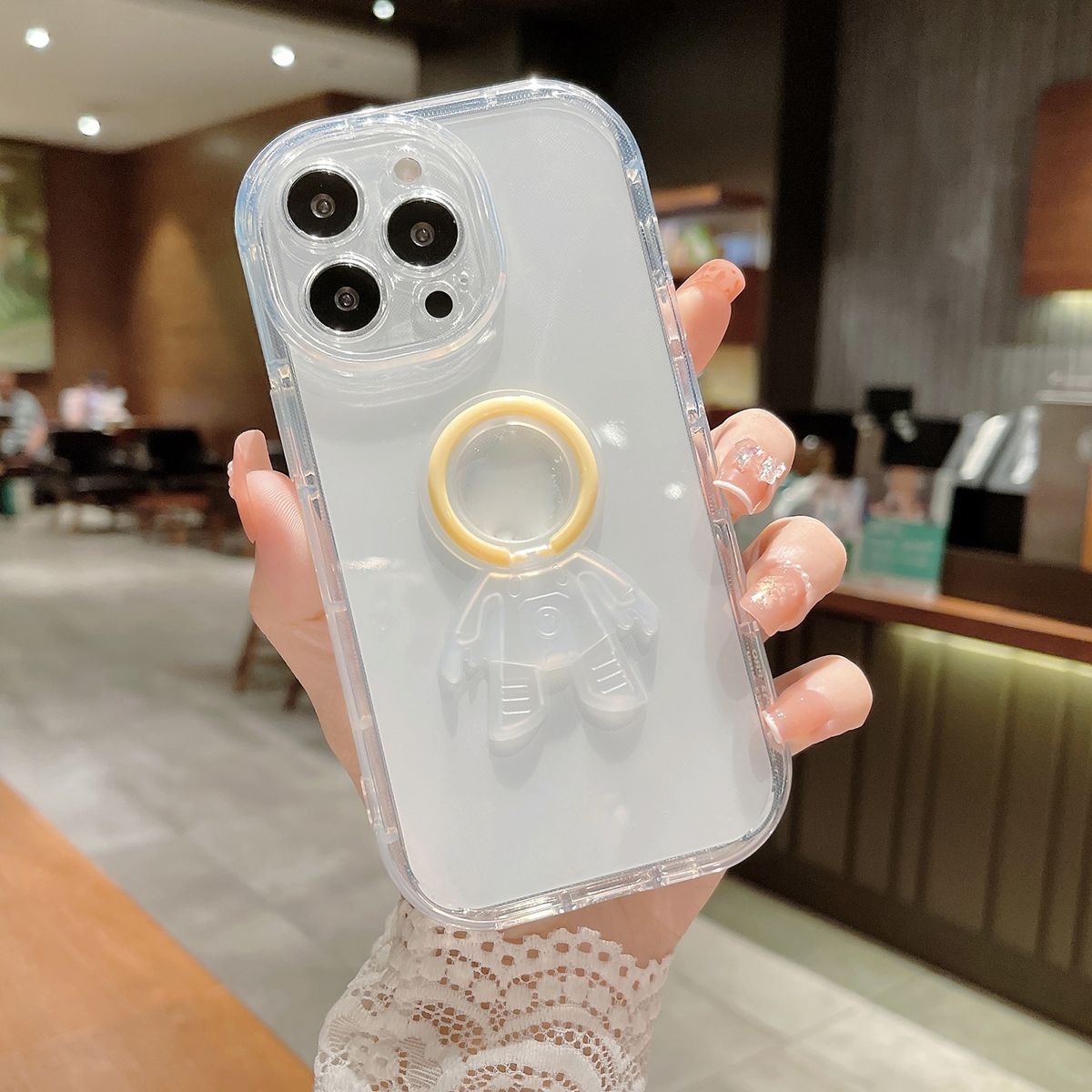 For IPhone 11 Pro Astronaut Ring Holder Transparent Phone Case (Yellow)