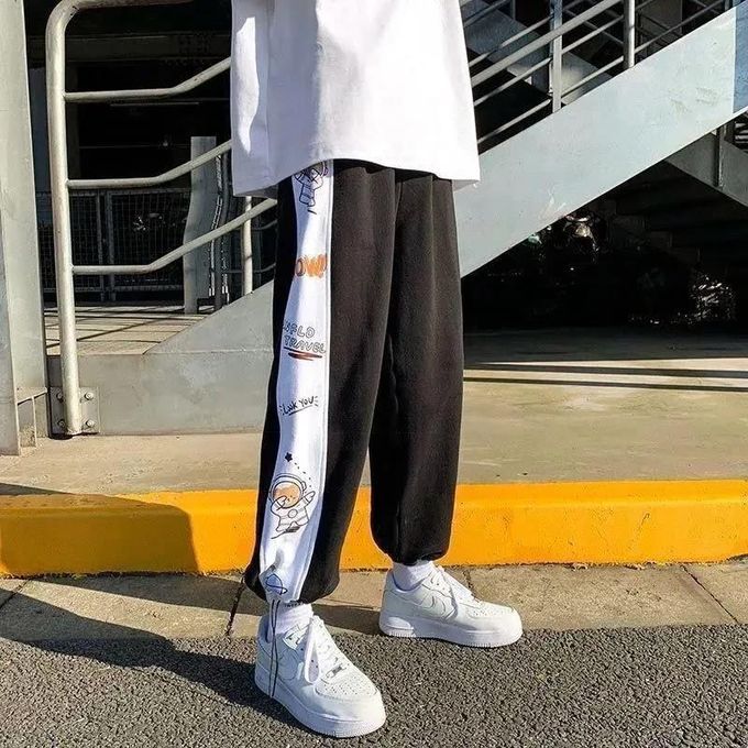 Men's Spring And Autumn Cartoon Space Loose Casual Pants-Black