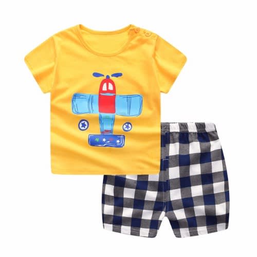 Boy's Aircraft Tee And Plaid Short Clothing Set