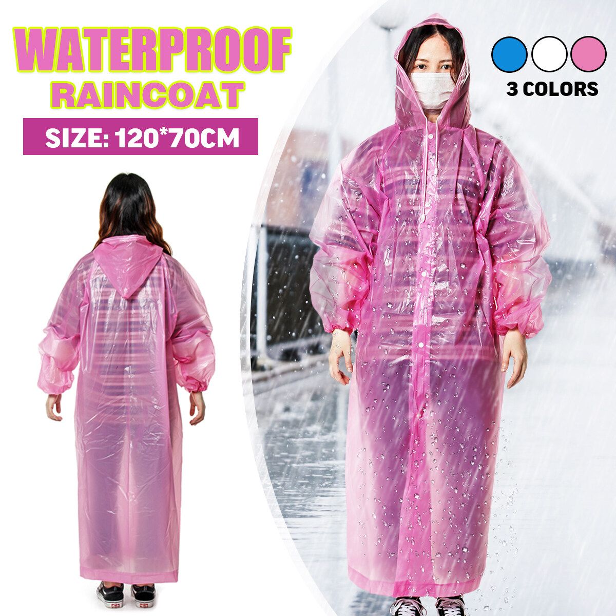 Adult Unisex Raincoat Emergency Waterproof Rain Hood Travel Camping Hiking Rainwear Blue