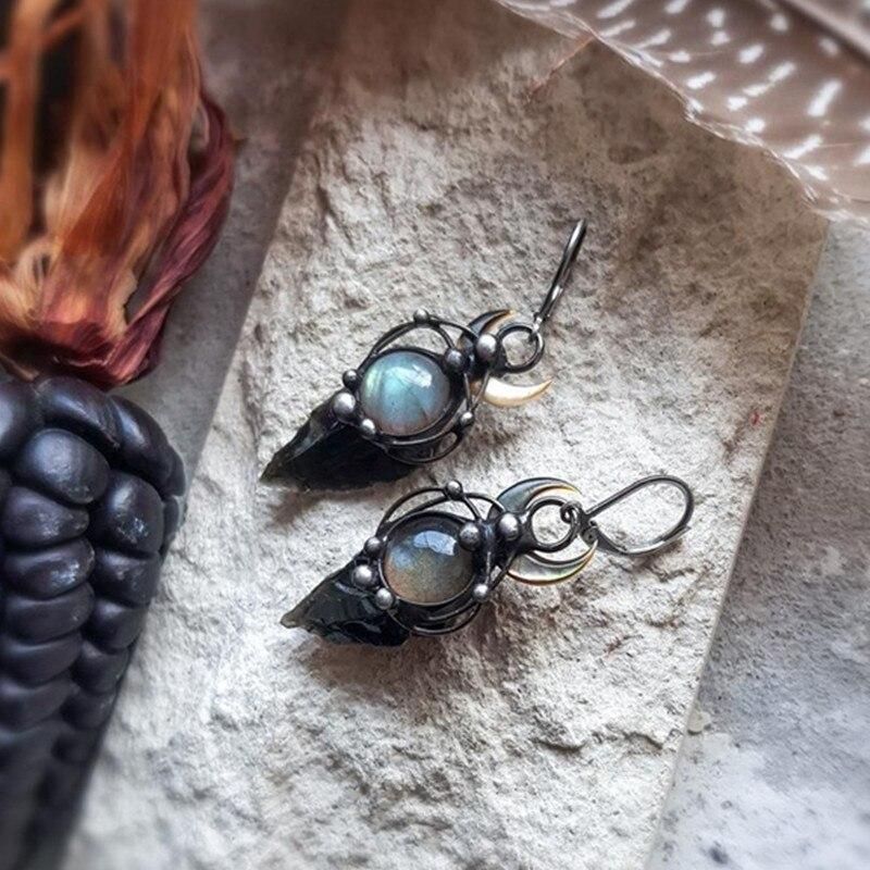 Black Arrow Labrador Pearl Earrings, Witch Earrings, Labrador Pendant Earrings Wicca Pagan Witch Craft Jewelry Gifts