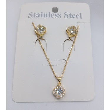 Unisex Cubic Zirconia Iced Out VCA Clip Stud And Necklace Jewelry Set- Gold