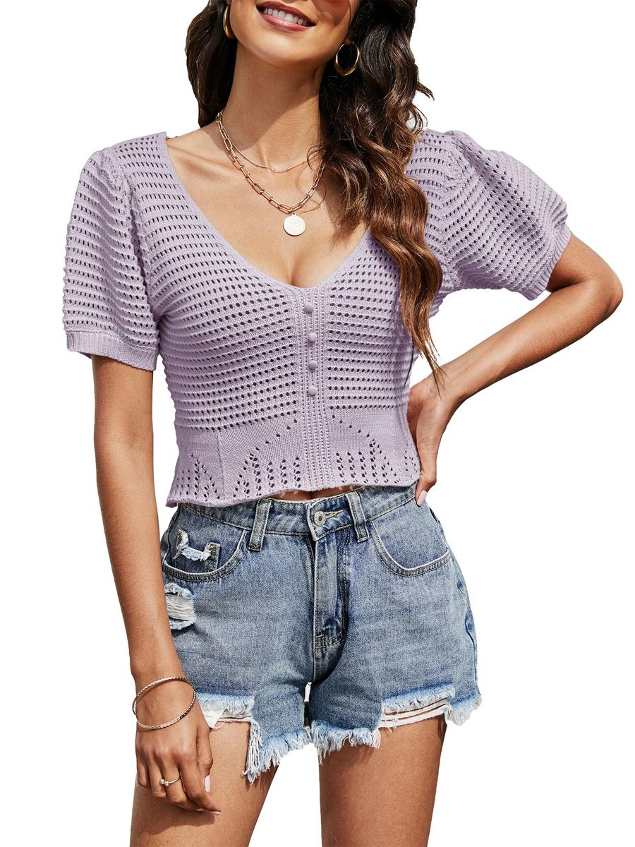 Women Crop Knitted Top V Neck Short Sleeved Open Back Hollow Out Casual Tops