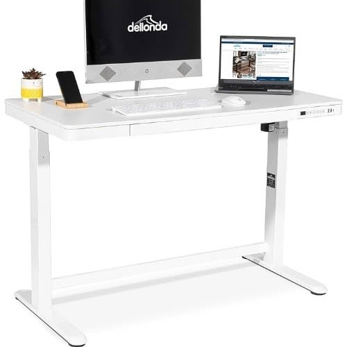 Electric Adjustable Height Desk With Glass Top - White
