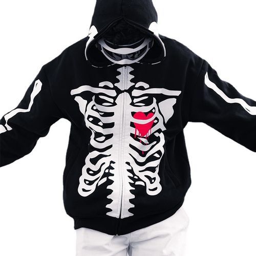 Halloween Skull Human Skeleton Print Long Sleeve Hooded Men's Sweatshirt-black