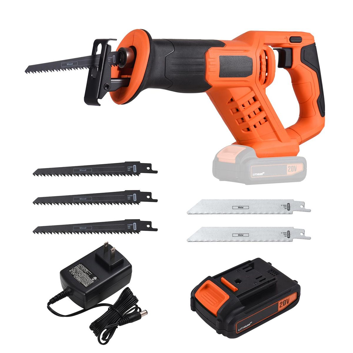 20V Cordless Reciprocating Saw Variable Speed 3000SPM Handheld Electric Saw with 2.0Ah Battery Fast Charger 5 Pcs 6-inch Saw Blade for Cutting Wood PVC Pipe Metal