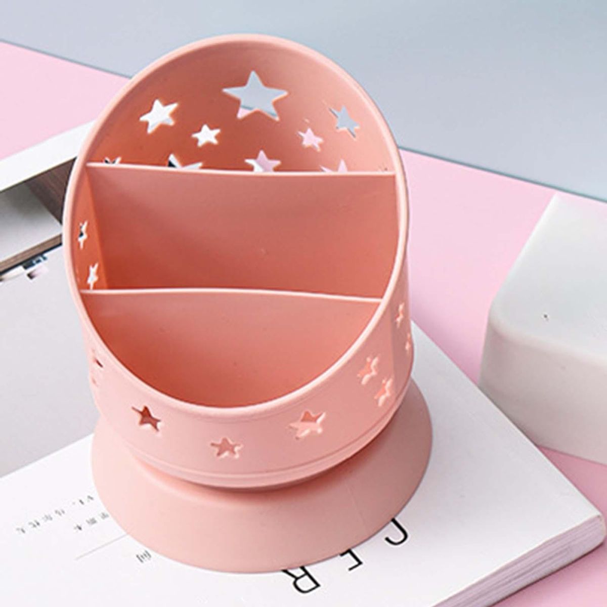 Pen Holder Makeup Brush Bucket 3 Slots Cosmetics Storage Box For Pink