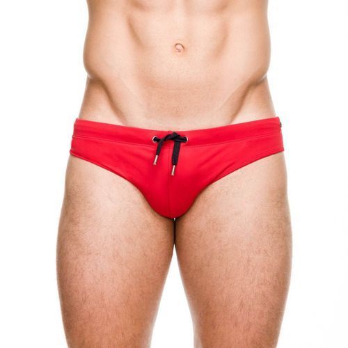 Mens Solid Swim Briefs Fashion Beach Surfing Swimsuits With Drawstring（Red）