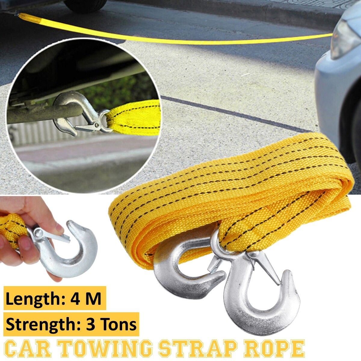 4 Meters 3Tons Car Tow Cable Emergency Trailer Rope With 2 Anti-Slip Hooks