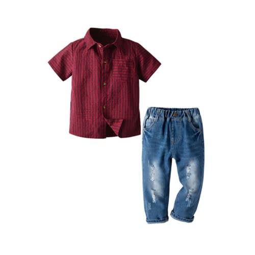 2-piece Checked Pattern Shirt And Jeans Set For Boy