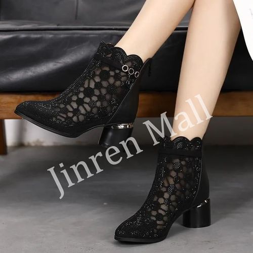Ladies Mesh Thick Heel Boots-Black