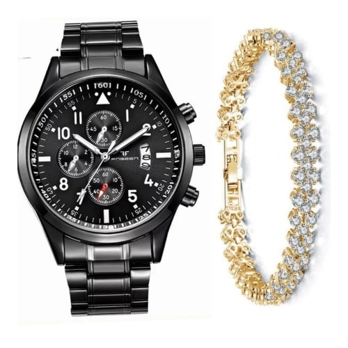 Exotic Studded Women's Wrist Watch With Gold Bracelet - 2 In 1