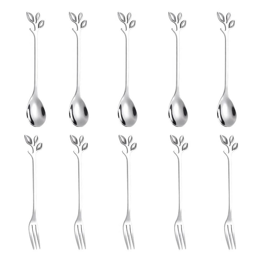 5Spoon+5Forks Stainless Steel Leaf Spoon Fork Dessert