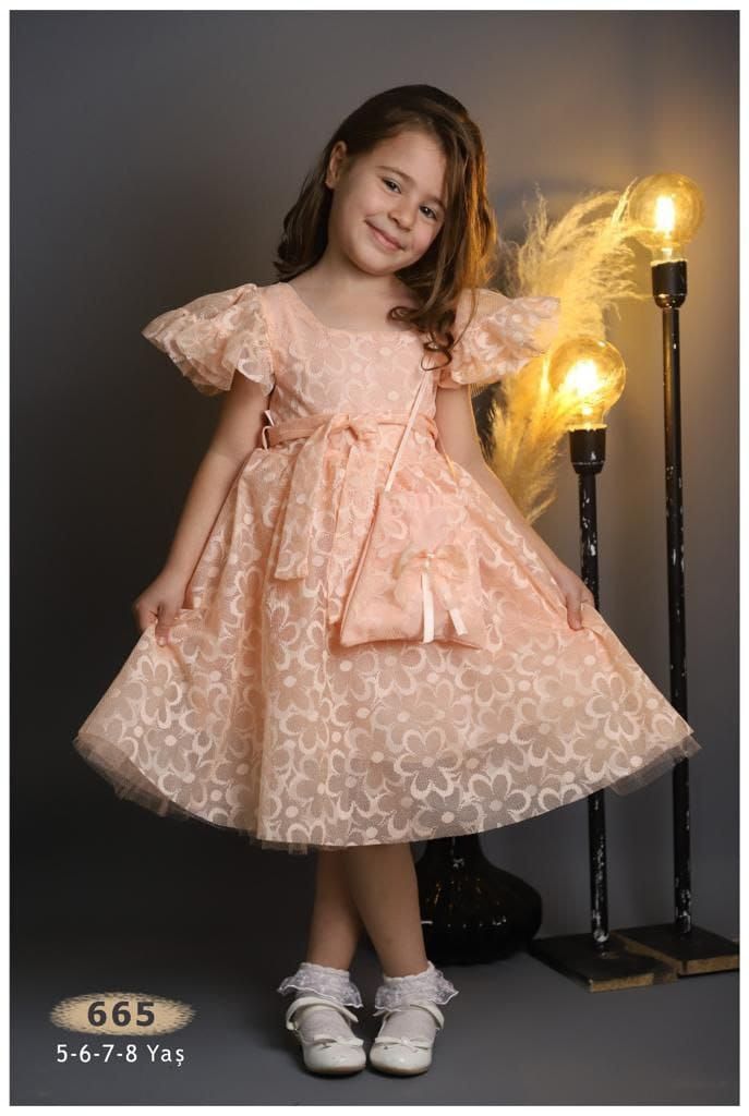 Turkey Girls Lacey Xmas/Party Dress With Hand Bag-PEACH