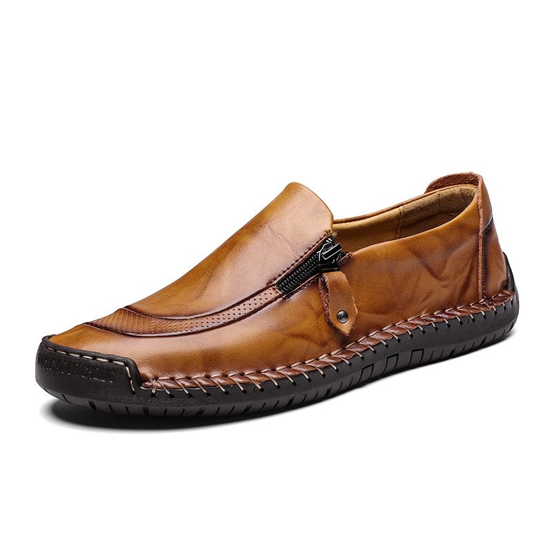 Men Hand Stitching Zipper Slip-ons Leather Shoes
