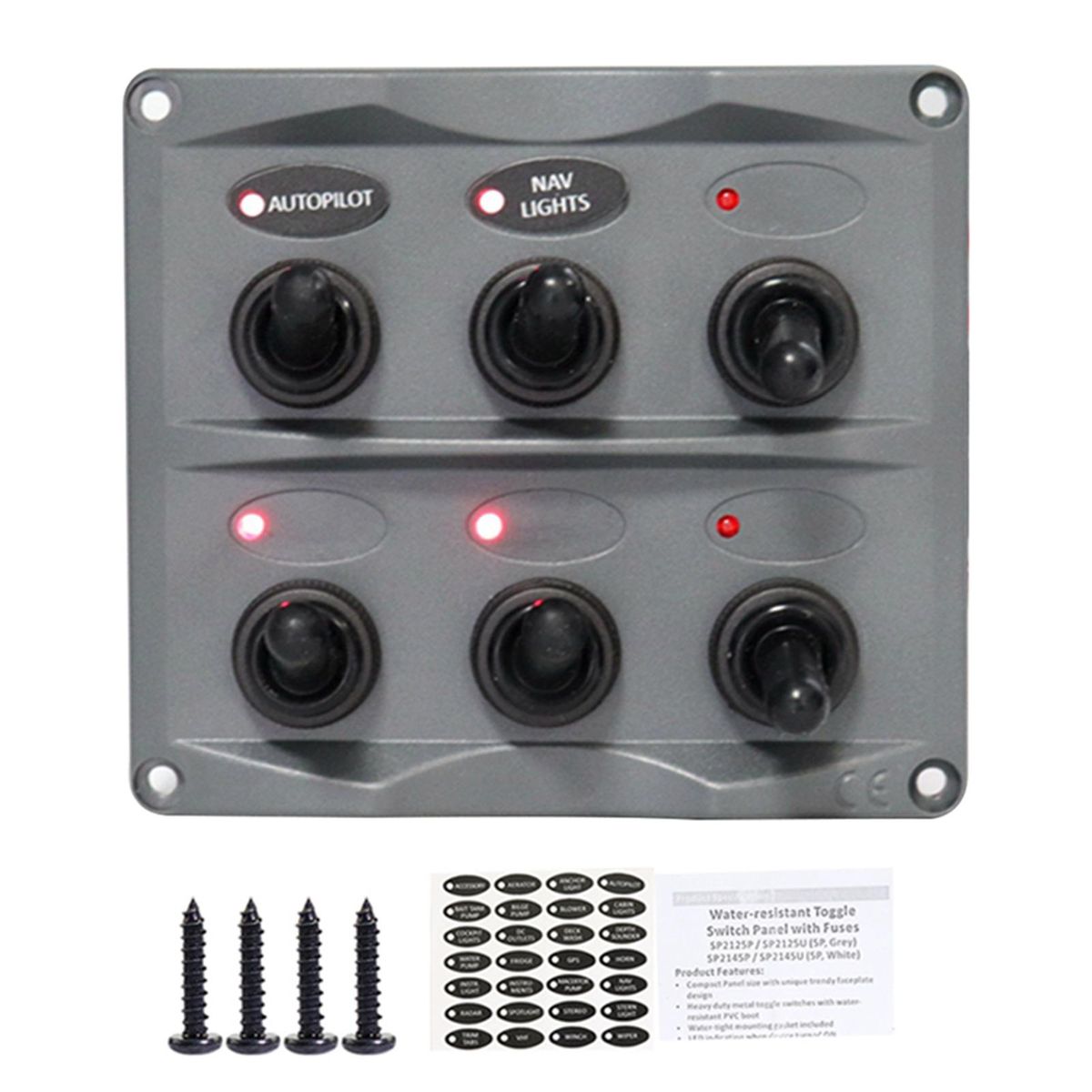 Waterproof 6 Gang Toggle Switch Panel (Dark Gray) LED Indication with 28PCS Assorted Label Stickers