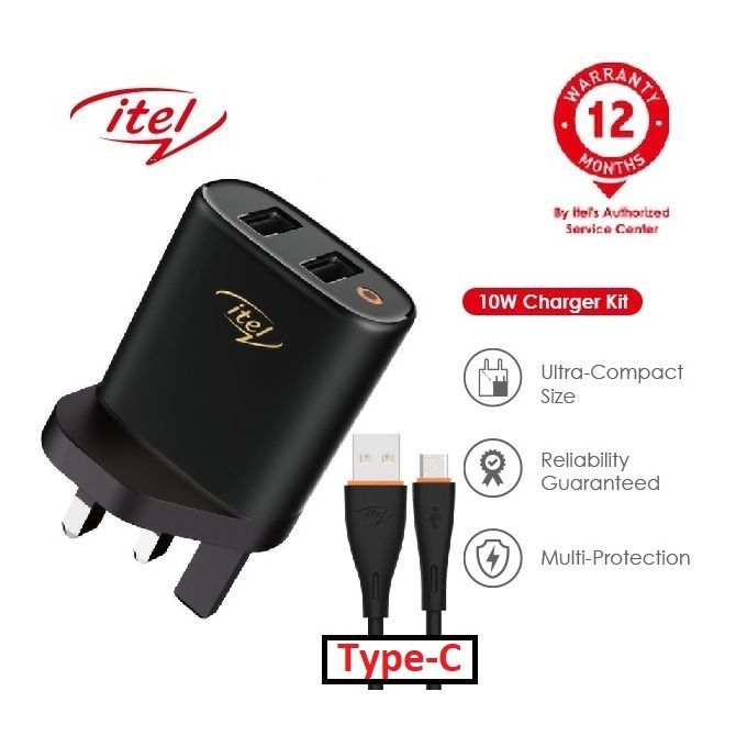 New Itel 2 USB Port, 2A Faster Charger Free Type-C Cable