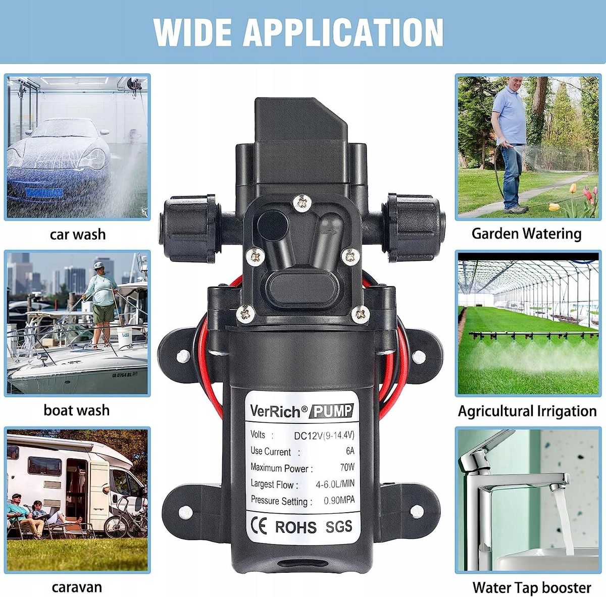 Diaphragm Pump 12V Water Pumps 70W Self Priming Sprayer Pump 6 L/Min 0.9MPA 131 PSI