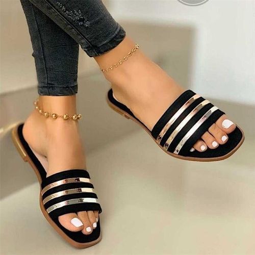 Ladies  Latest Classy Flat Slippers - Black And Gold Ladies Slides