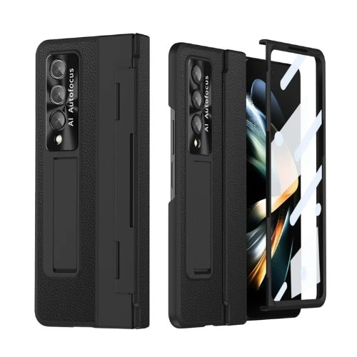 Ultra-thin Case Pu Leather Hard Pc Kickstand For Samsung Galaxy Z Fold 4 - Black