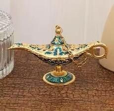 Aladdin Magic Lamp Ornament Trumpet 12*6.8 Metal Creative Ornament Gift Birthday Wish Lamp Home Decoration gold light blue