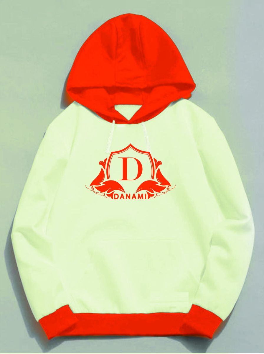 Printed Hoodie- Off White/Cream Orange Contrast