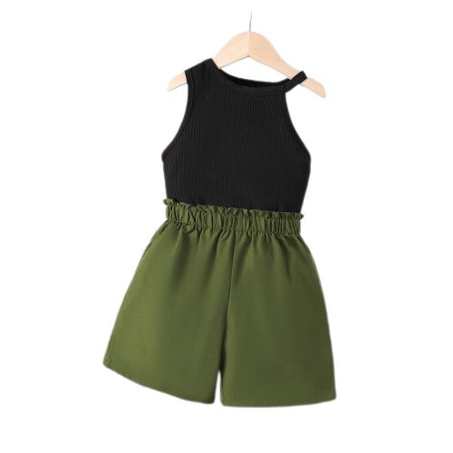 Girls Fashion Pop Black Sleeveless Top Army Green Shorts Set