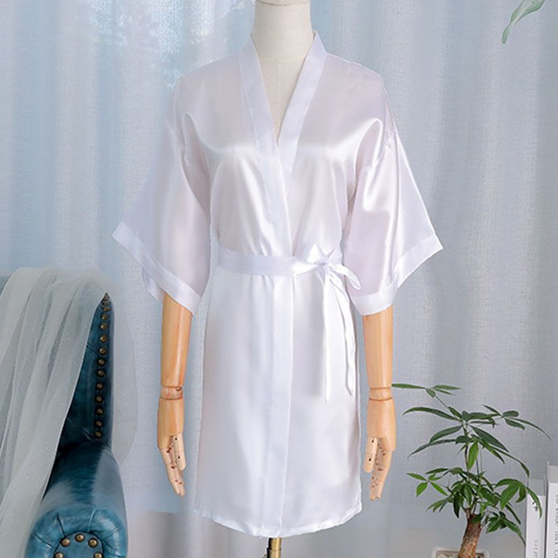 (white)Silk Robe For Women Wedding Bride Bridesmaid Kimono Satin Shower Bathrobe Sleepwear Night We