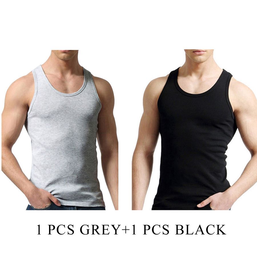 2 PCS/Lot Tank Tops Men 100% Cotton Solid Vest Male Breathable Sleeveless Tops Slim Casual Undershirt Mens Gift-GREY And BLACK 1 PCS