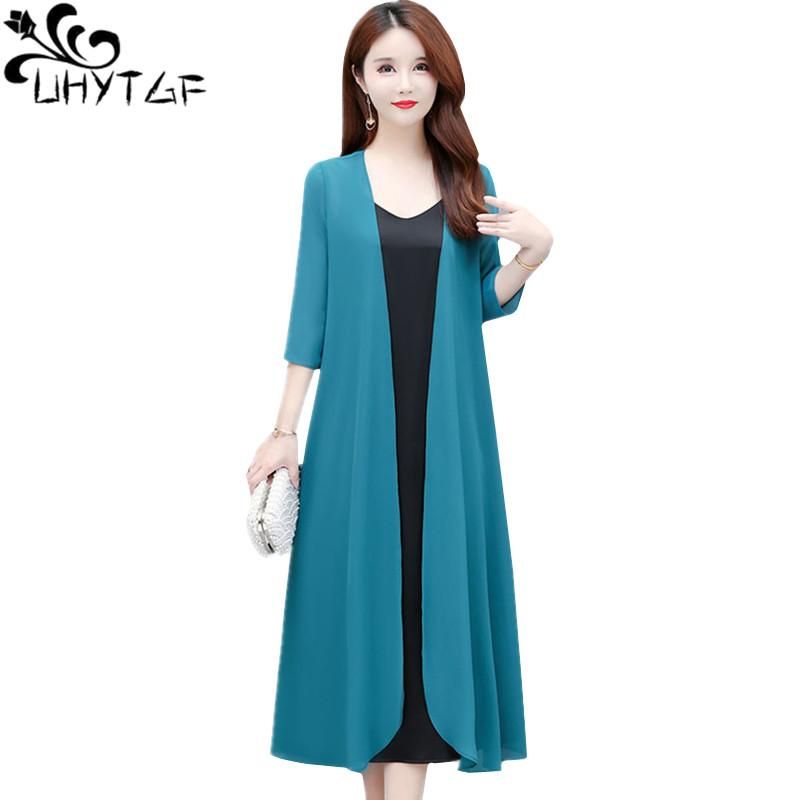 UHYTGF 2022 Ice Silk Summer Sun Protection Clothing Women's Cardigan Thin Chiffon Jacket Shawl Long 6XL Big Size Tops Coat 2069