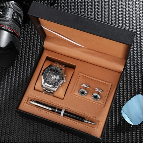 Men's Gifts Set - Black Dail Quartz Wrist Watch - Cufflinks - Signature Pen + Gift Box