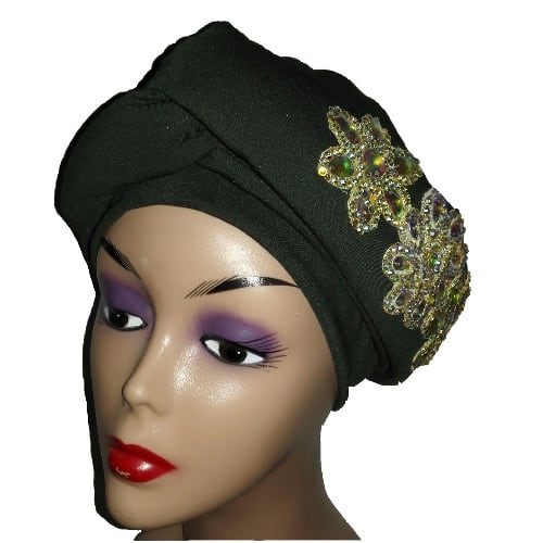 Evangeline Studded Turban Cap - Forest Green