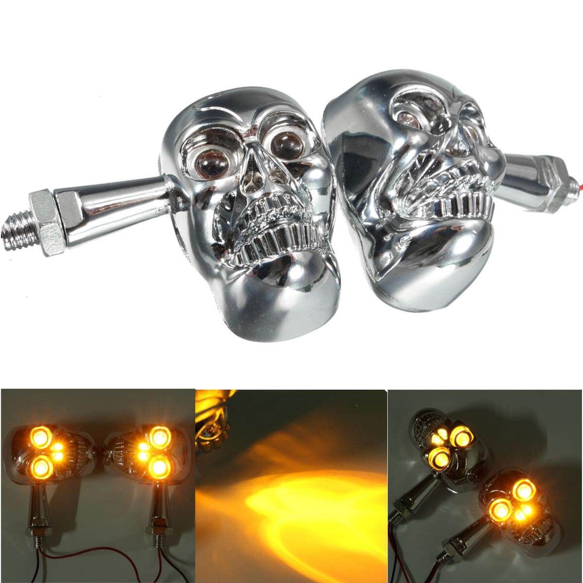 2 X Universal Motorcycle Skull Head Turn Signal Indicators Light Lamp Full Metal