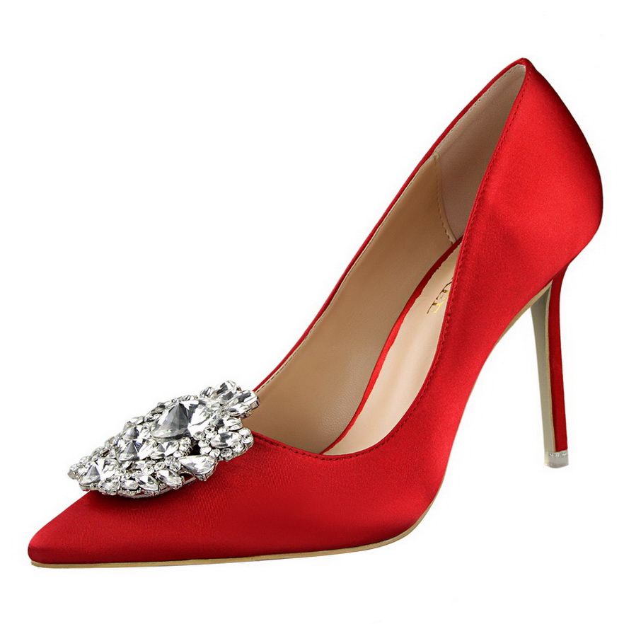 Ladies Crystal Heels Wedding Pumps Dress Party Shoes Red