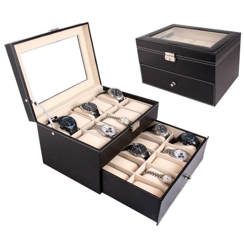 New 20 Slot Menwomen Watch Box Leather Display Table Organizer Jewelry Storage  - Black