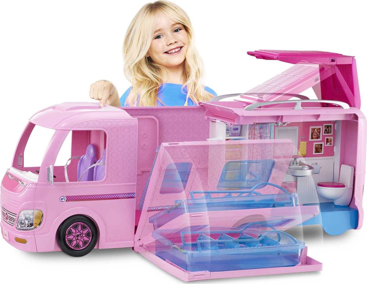 Camper, Doll Playset With 50 Accessories, Includes Waterslide, 2 Hammocks, Canopy Bed & Fireplace, Dream Camper(Dolls Unincluded)