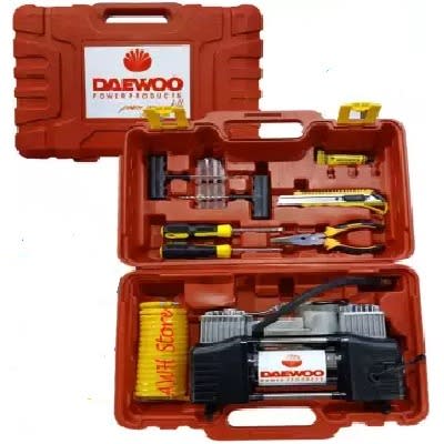 Double Cylinder Air Pump Compressor - 12 Volt With Full Puncture Repair Tool Kit & Accessories