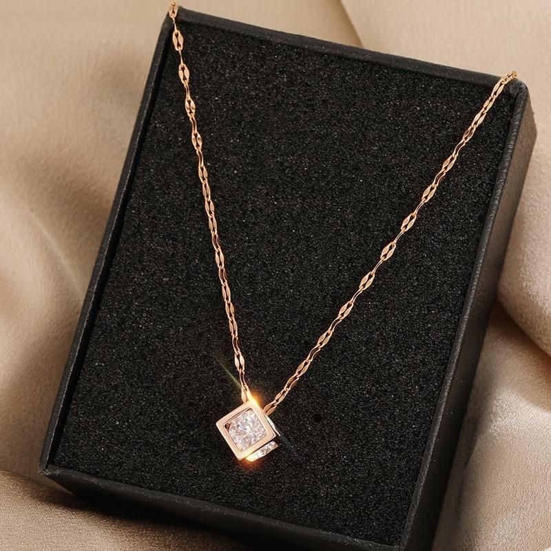 Trendy Square Zircon Crystal Pendant Women Necklaces Korean Fashion Cute Ladies Stainless Steel Jewelry Female Clavicle Chain