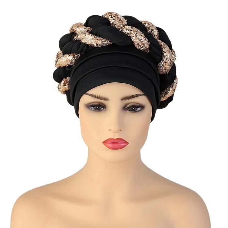 Arab Wrap Muslim Scarf Hijabs Turbans African Headtie Sequin Braid Hat for Women Pleated Beanie Headwrap Hair Accessories
