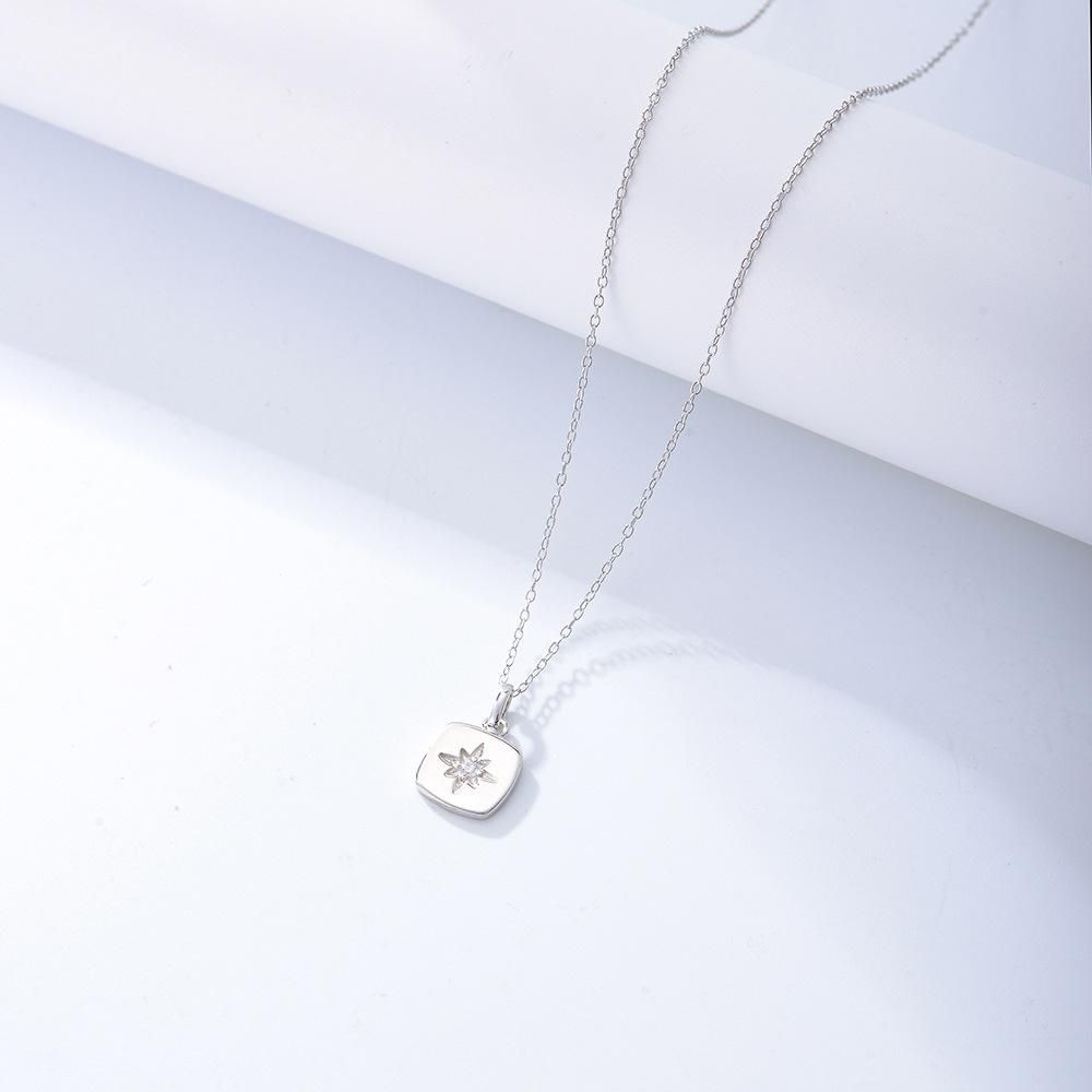 Simple Minority All-Match Eight Awn Star Zircon Square Plate Pendant Sterling Silver Neckl