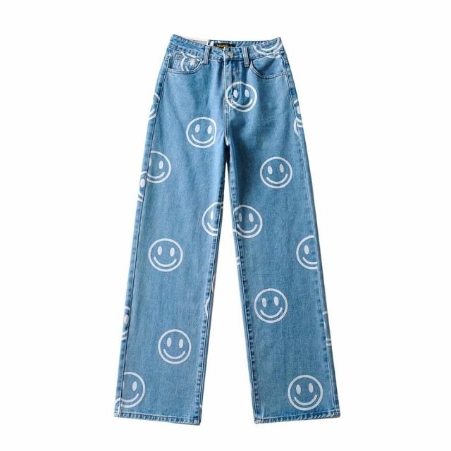 Sweetown Butterfly Face E Girl Baggy Jeans Women Vintage Print Wide Explosive