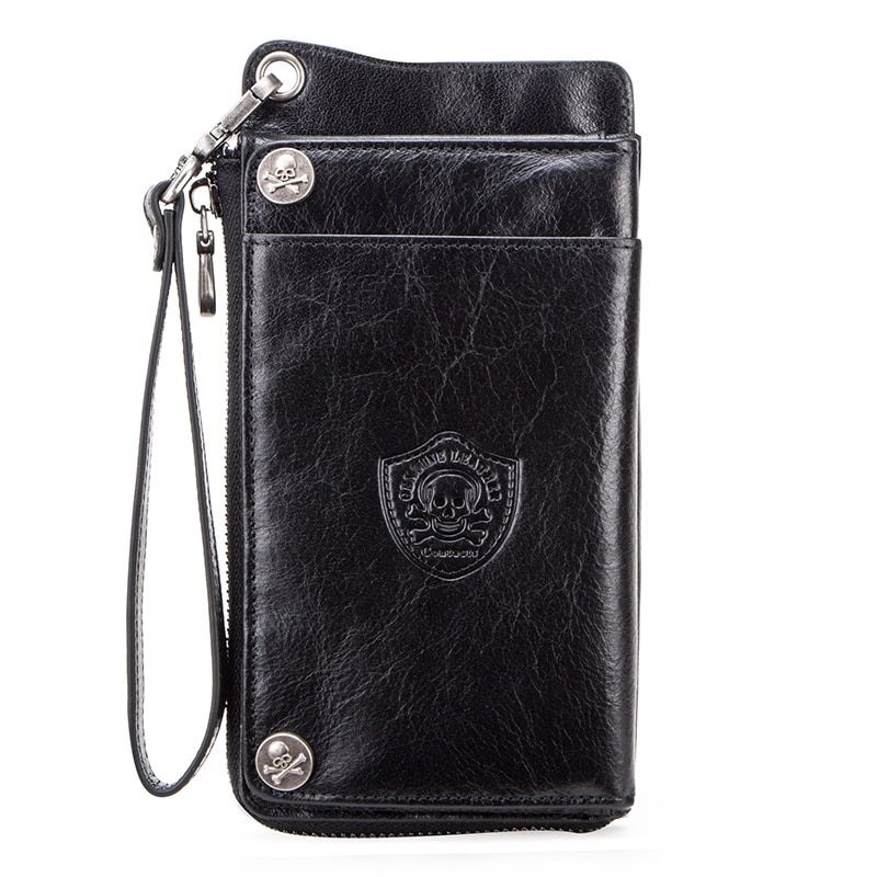 CONTACT'S Men's Wallet Genuine Leather Clutch Man Walet Brand Luxury Male Purse Long Wallets Zip Coin Purse 6.5\" Phone Pocket Color Black JIE