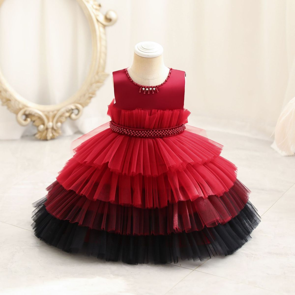 GIRL PLEATED MIX COLOUR MULTILAYER  BALL GOWN - RED/BLACK - G57