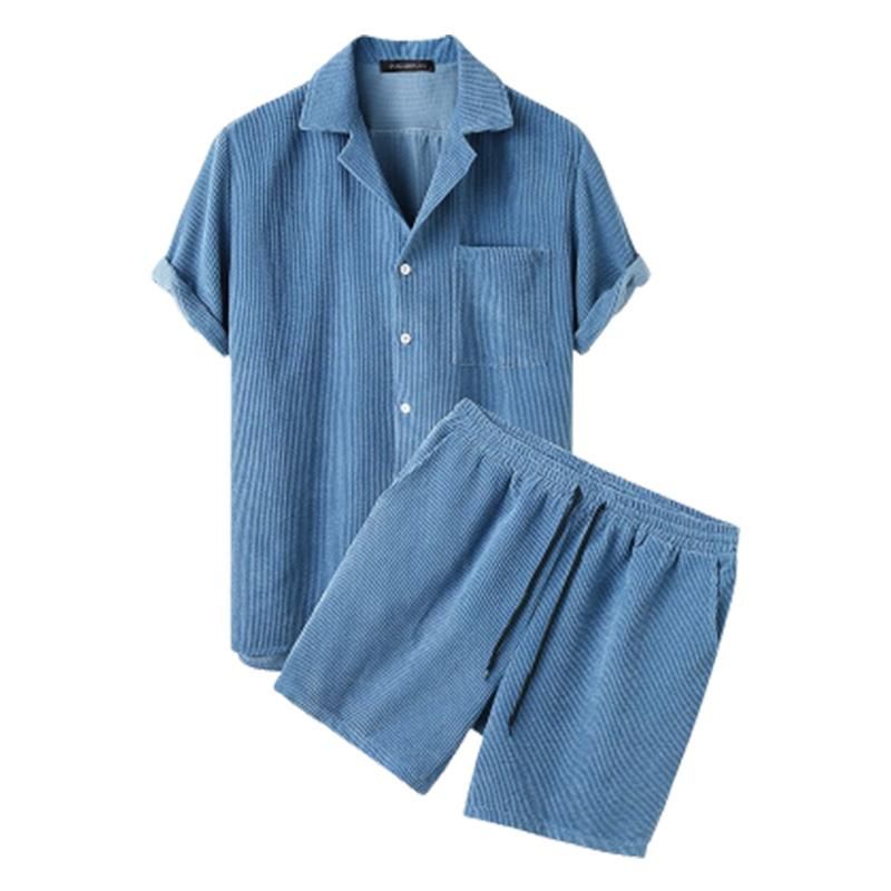 1Set 2 In 1 Men's Casual Stripe Print Short Shirt Short Pant Sets Blue