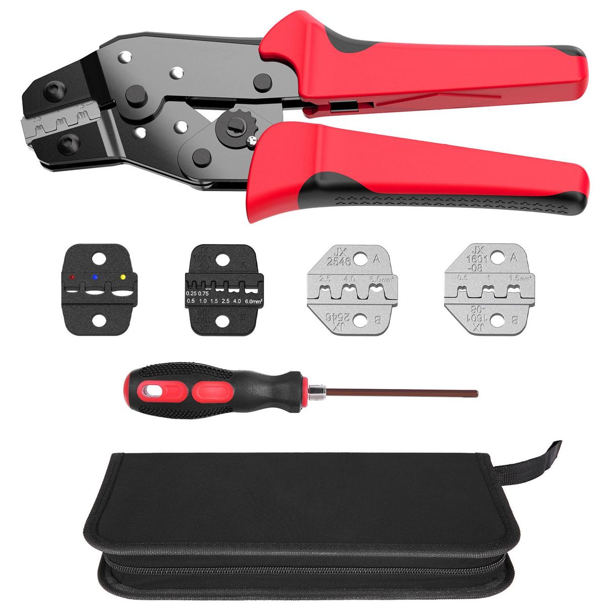 Crimping Tool Kit with Bag Cable Ratchet Crimping Pliers with 4 Interchangeable Dies, Adjustable Crimping Range, Multifunction Crimper Pliers for Multiple Types of Crimp Terminals