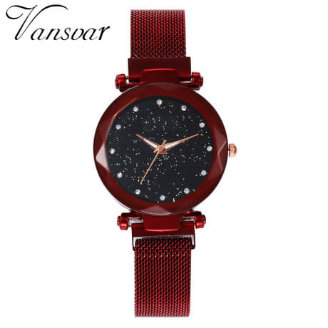 Women's Mesh Magnetic Buckle Quarts Wristwatch Red