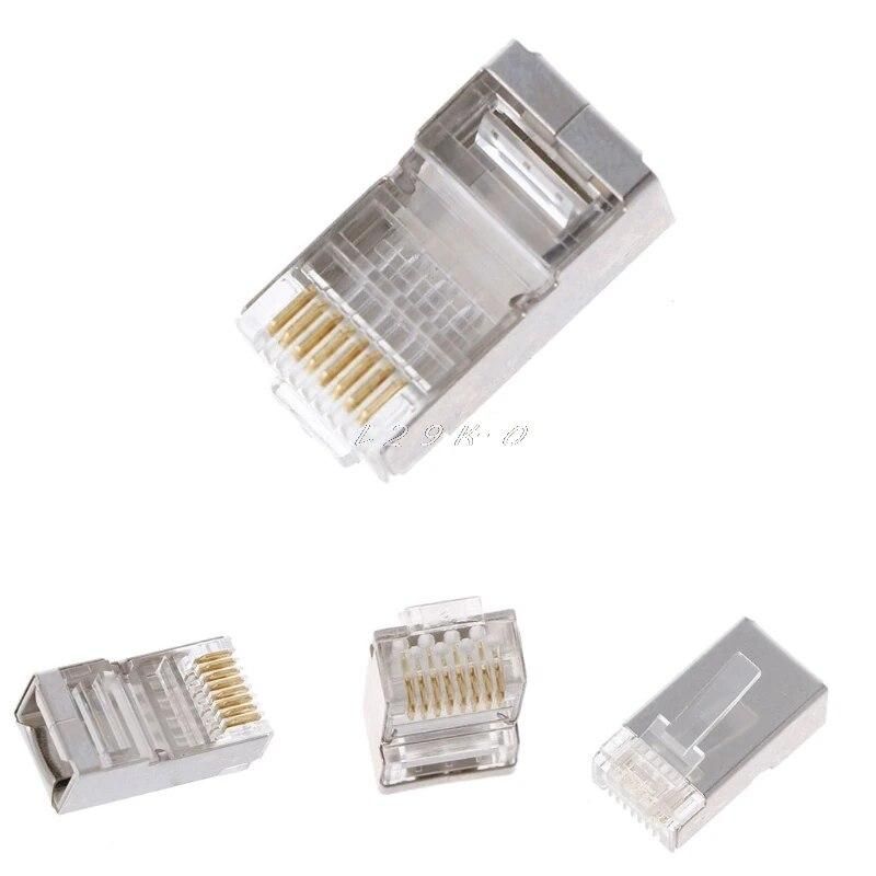 100Pcs 8-Pin Crimping Tool RJ45 8P8C Shielded Stranded Crimp Cat6 Cable Modular Plug Connector Socket Network Kit