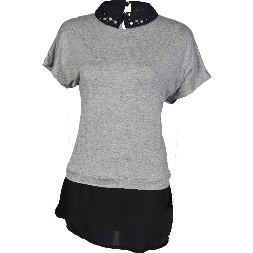 Beaded Collar Double Layered Top - Grey And Black