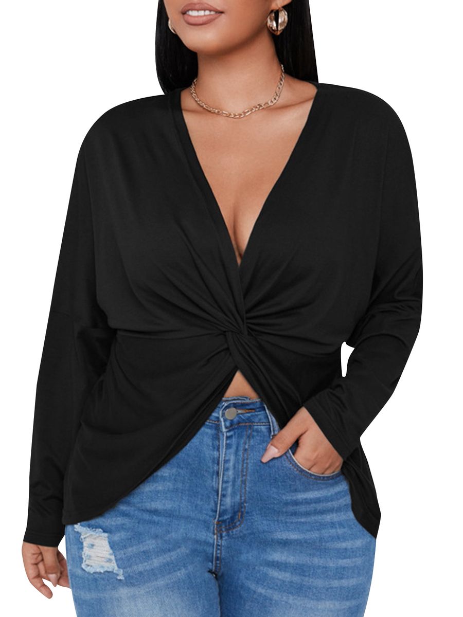 Women Long Sleeve T-shirt V Neck Twisted Irregular Plus Size