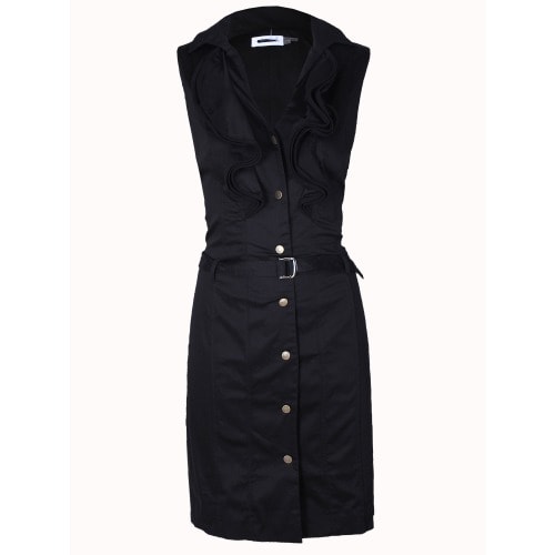 Sleeveless Colar Button Down Frills Ladies Dress With Belt - Black - Lg--5079